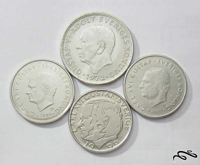 مجموعه 4 سکه رایج و یادبودی سوئد     3 سکه یک کرون و یک سکه 5 کرون
